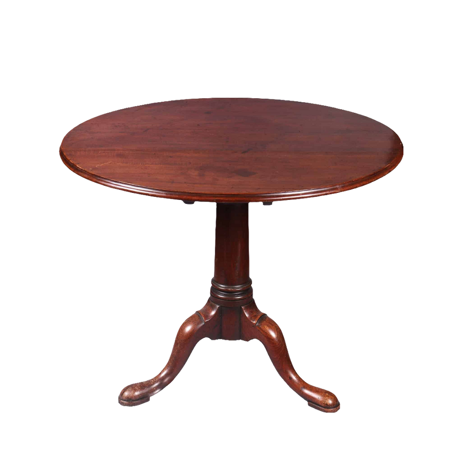 Georgian Mahogany Circular Tilt Top Tripod Table with turned column and three cabriole legs circa 1735 England.