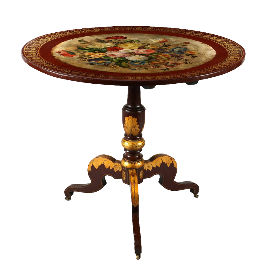 Japanned Tilt Top Occasional Table with gilt floral motif, turned baluster stem, and tripod base on casters.