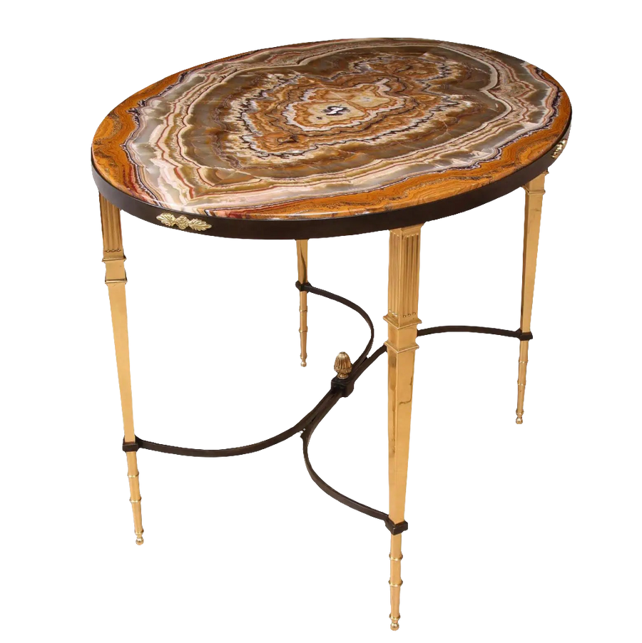 Bronze Oval Centre Table with polished Alabastro Fiorito top and gilt bronze oval base, Art Deco style, France circa 1930.