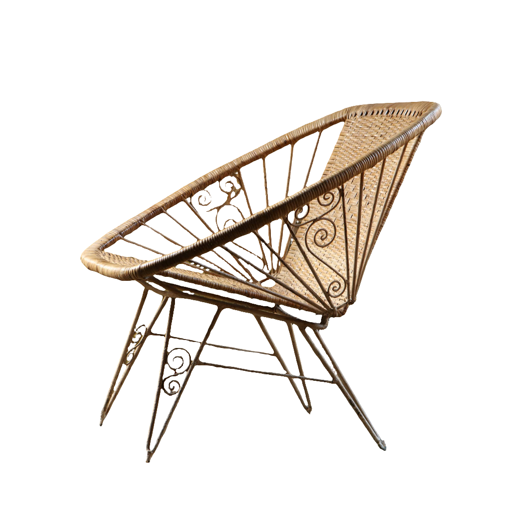 Vintage mid-century Modernist wireframe rattan chair with metal frame, part of Collection EE30.