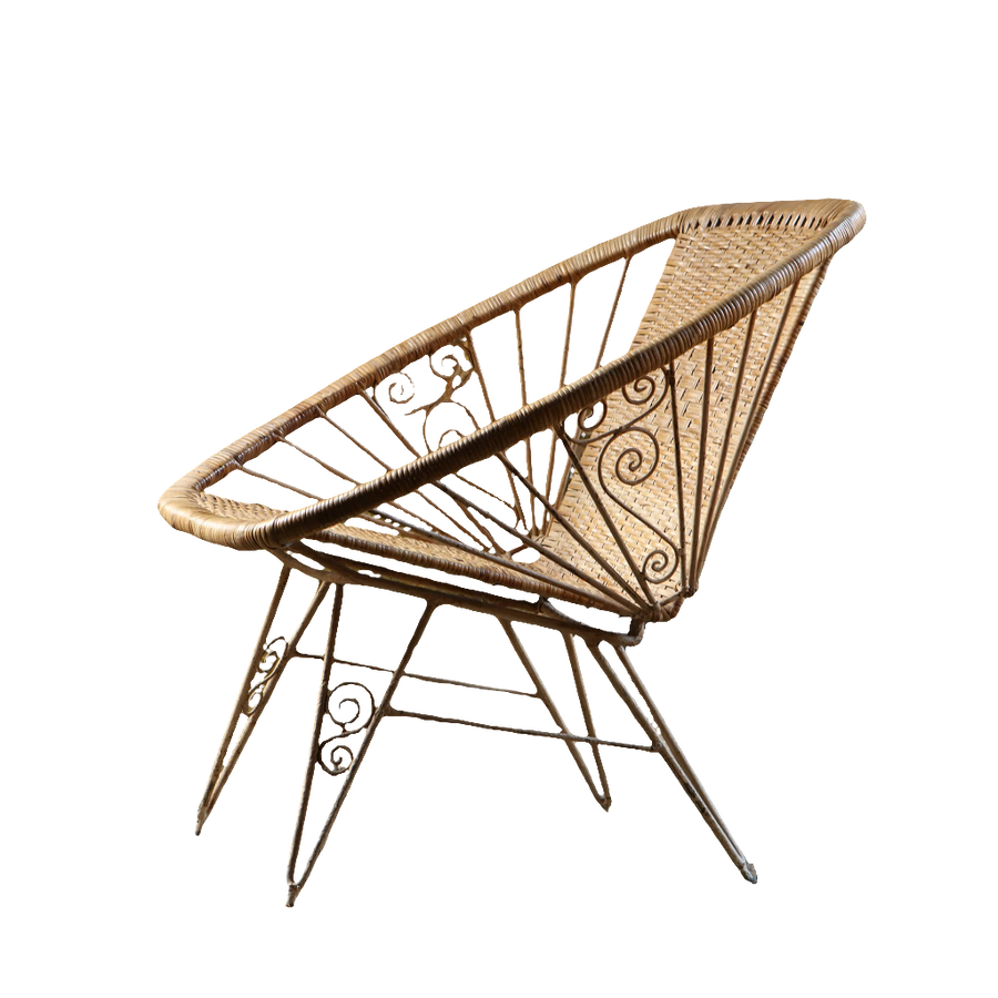 Vintage mid-century Modernist wireframe rattan chair with metal frame, part of Collection EE30.