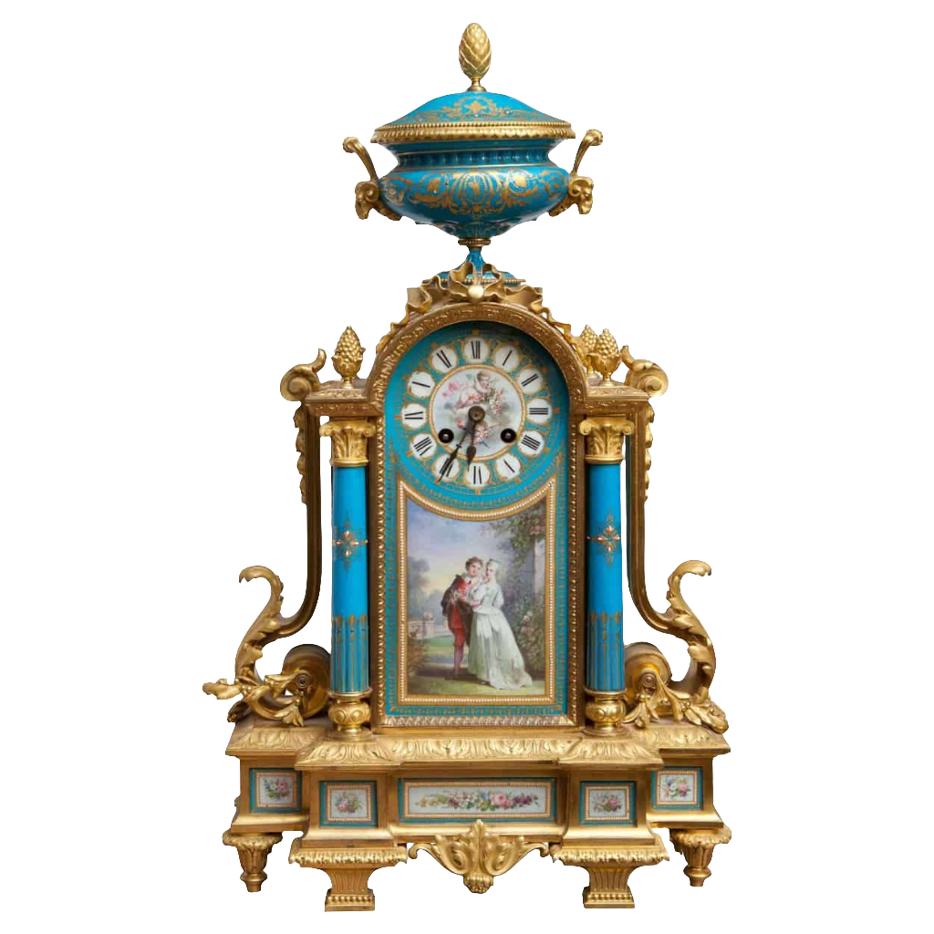 Napoleon III Sevres and ormolu clock with painted courting couple and krater vase by Nicholas Wells Antiques