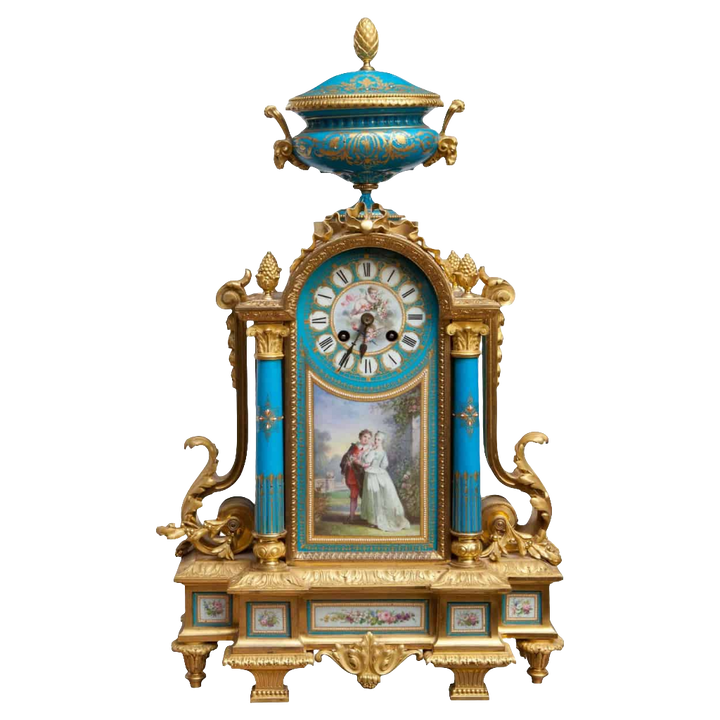 Napoleon III Sevres and ormolu clock with painted courting couple and krater vase by Nicholas Wells Antiques