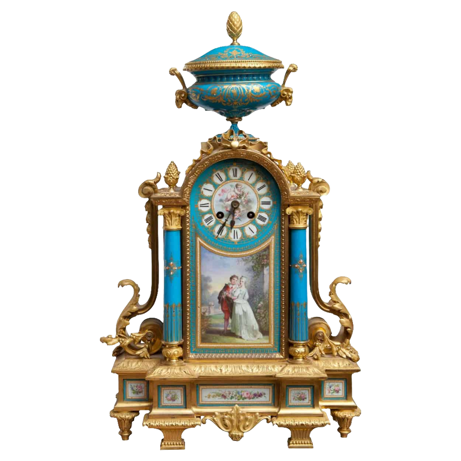 Napoleon III Sevres and ormolu clock with painted courting couple and krater vase by Nicholas Wells Antiques