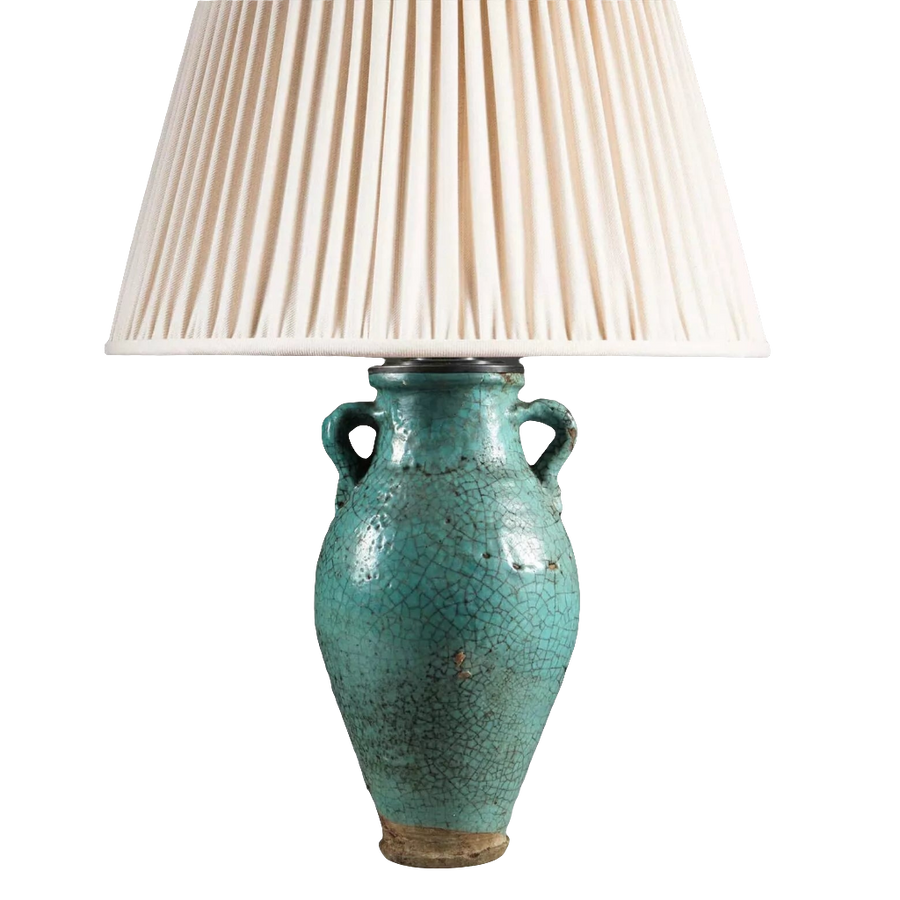 Persian Turquoise Crackle Glazed Vase Mounted as a Table Lamp with a pleated white lampshade, circa 1850.