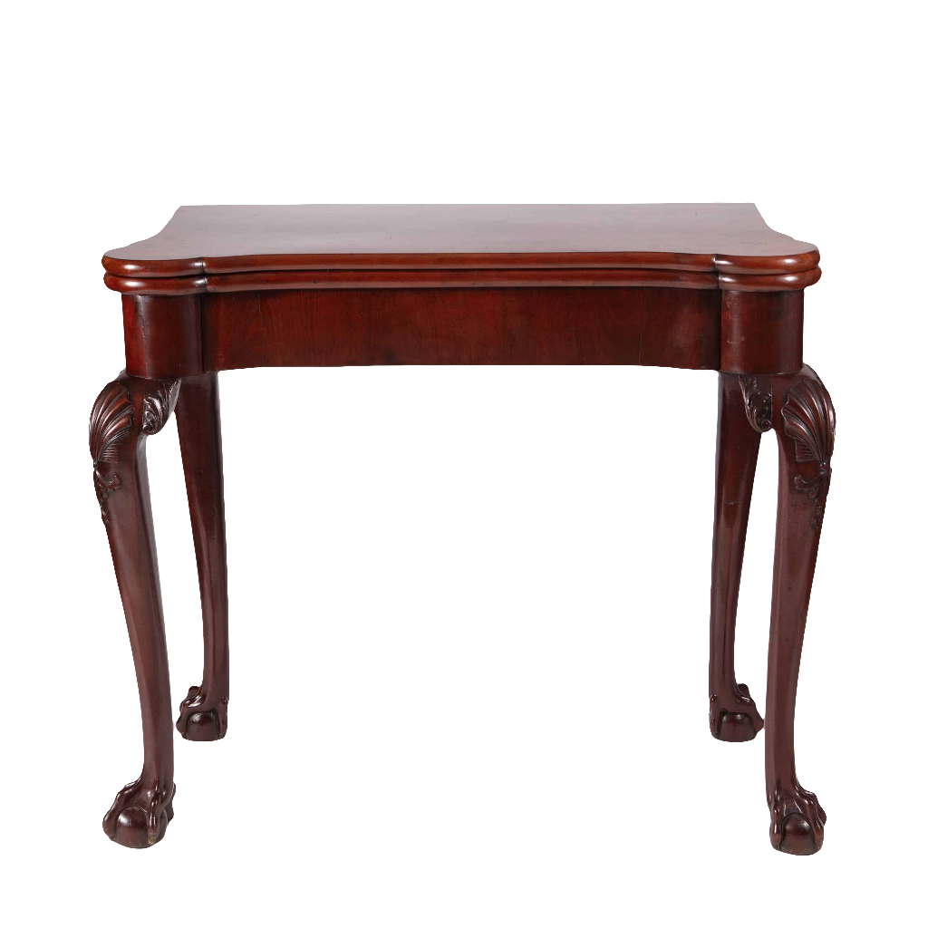 George III Mahogany Card Table with cabriole legs, ball and claw feet, scallop shell carvings, mid-18th century English design.