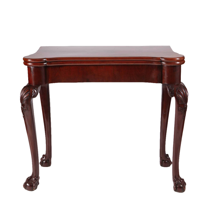 George III Mahogany Card Table with cabriole legs, ball and claw feet, scallop shell carvings, mid-18th century English design.