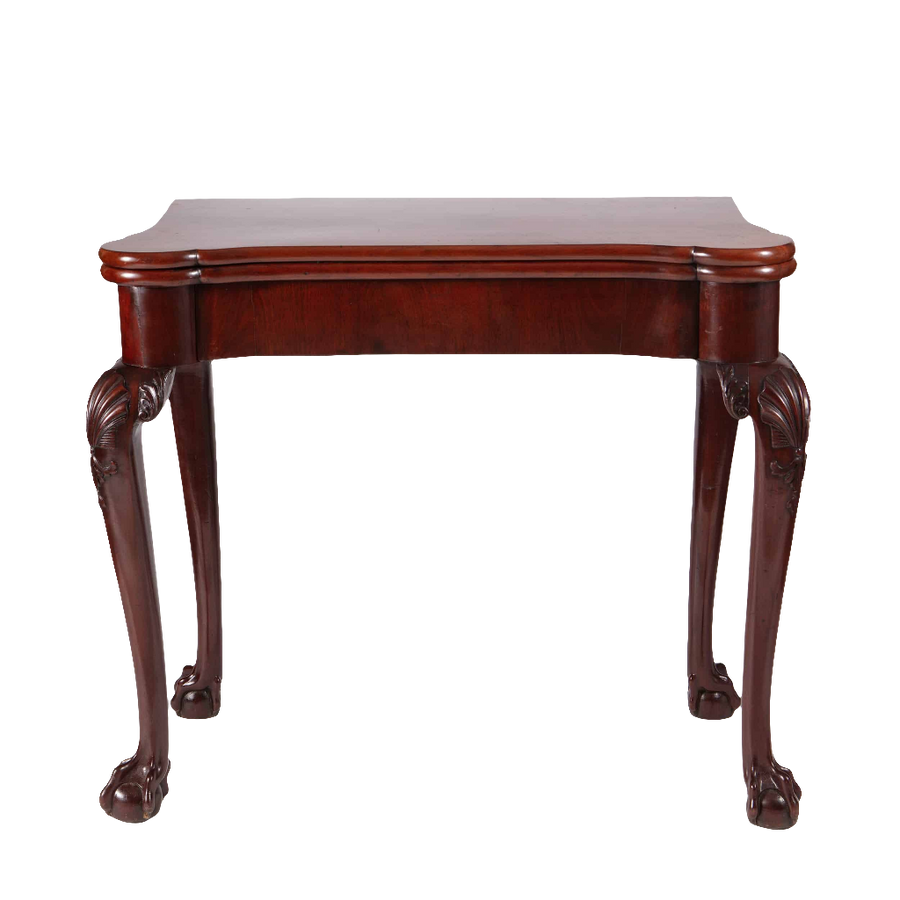 George III Mahogany Card Table with cabriole legs, ball and claw feet, scallop shell carvings, mid-18th century English design.