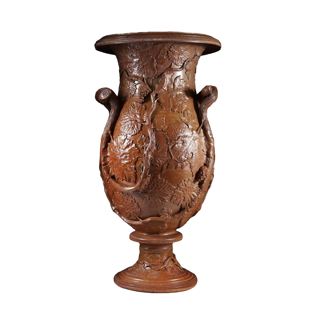 Brown glazed stoneware vase by Jules-Claude Ziegler with intricate floral relief, Collection EE20, France circa 1850.