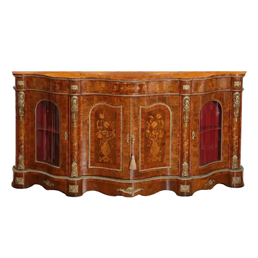 Antique walnut marquetry credenza with ormolu mounts by Nicholas Wells Antiques, 92 inches wide.