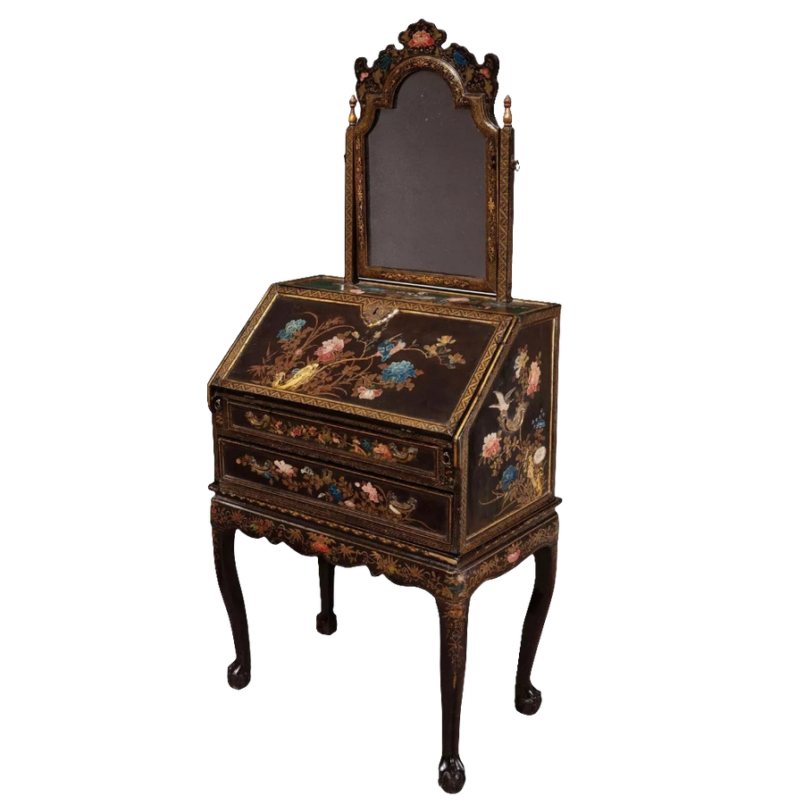 Chinese Export Lacquer Bureau-On-Stand and Toilet Glass with polychrome floral design, Canton, circa 1730.