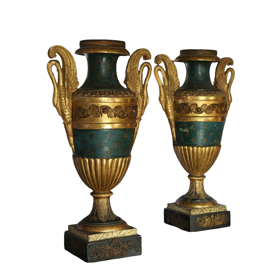 Pair of large gilt Empire vases with swan handles and green japanning by Collection EE20 circa 1820 Italy