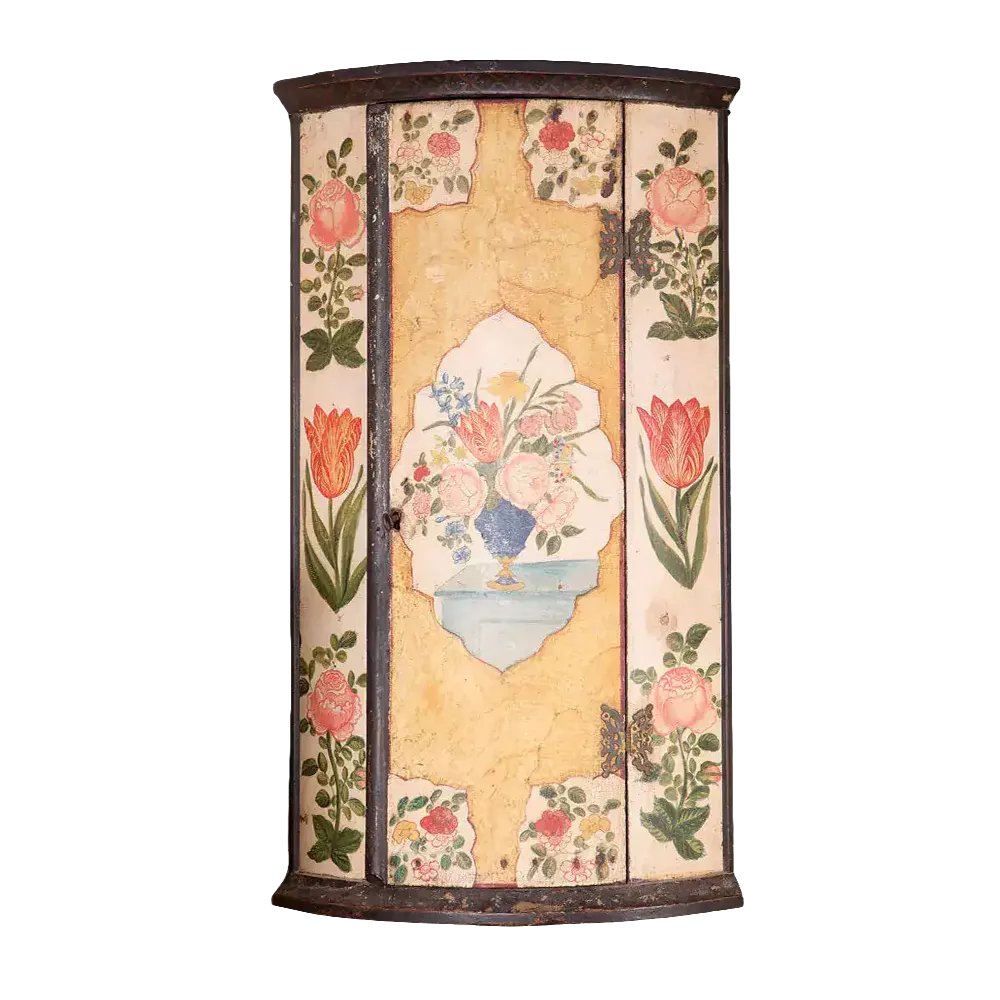 George I Japanned Bow Front Hanging Corner Cupboard with polychrome floral japanning, original paint, lock, and key.