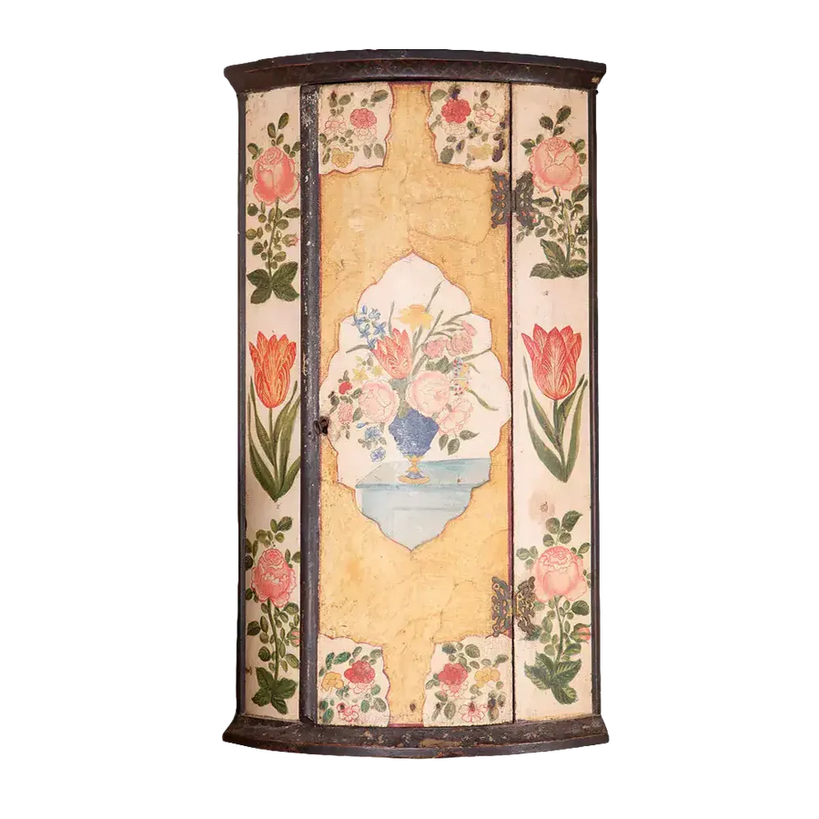 George I Japanned Bow Front Hanging Corner Cupboard with polychrome floral japanning, original paint, lock, and key.
