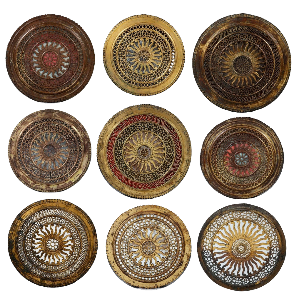 Group of nine pierced gilt copper mirrored Chakras of varying size by Collection EE20, circa 1880, intricate traditional design