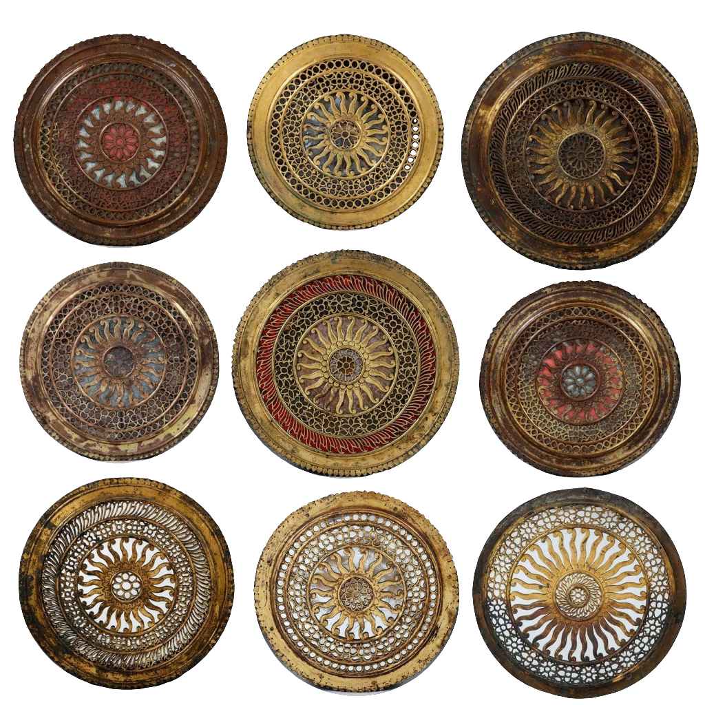 Group of nine pierced gilt copper mirrored Chakras of varying size by Collection EE20, circa 1880, intricate traditional design