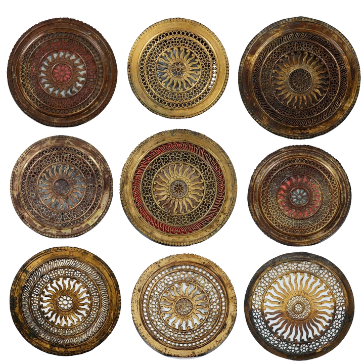 Group of nine pierced gilt copper mirrored Chakras of varying size by Collection EE20, circa 1880, intricate traditional design