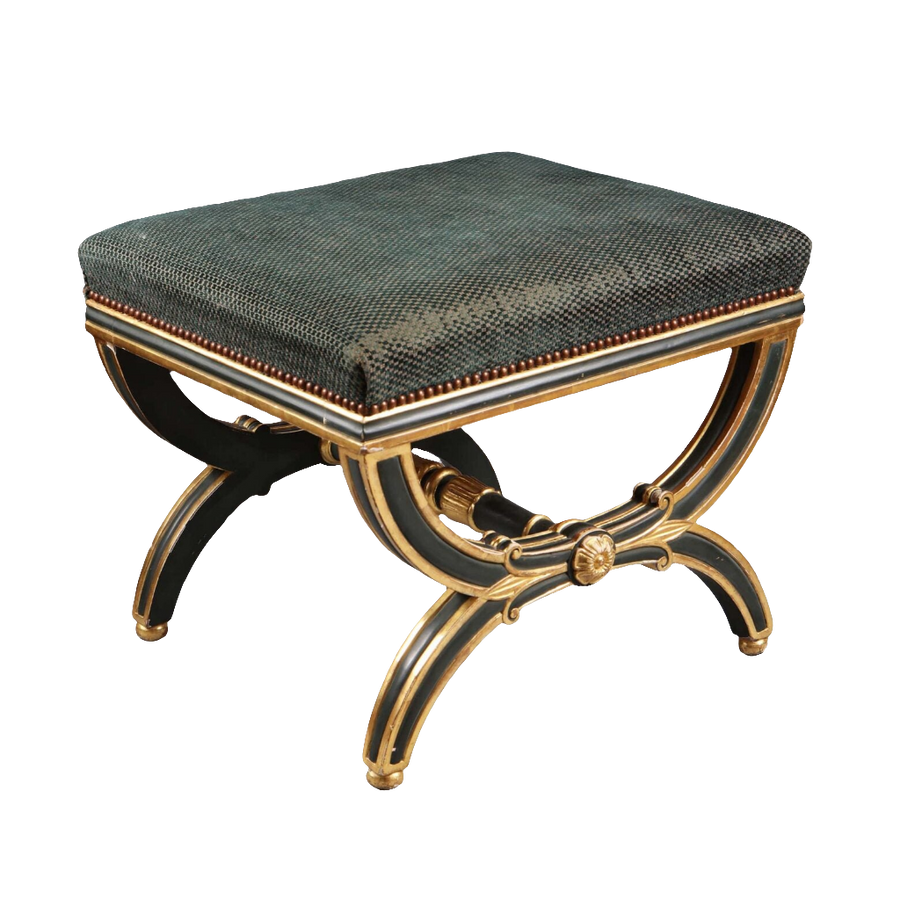 English Regency parcel gilt X frame stool with upholstered seat by Nicholas Wells Antiques, elegant early-19th century design