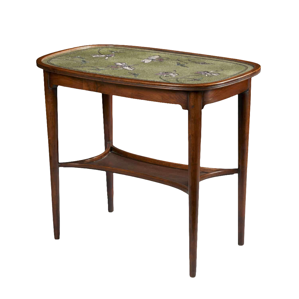 Oval table with beadwork top featuring irises on green variegated surface and stained beech frame circa 1900.