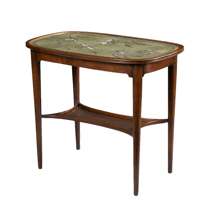 Oval table with beadwork top featuring irises on green variegated surface and stained beech frame circa 1900.