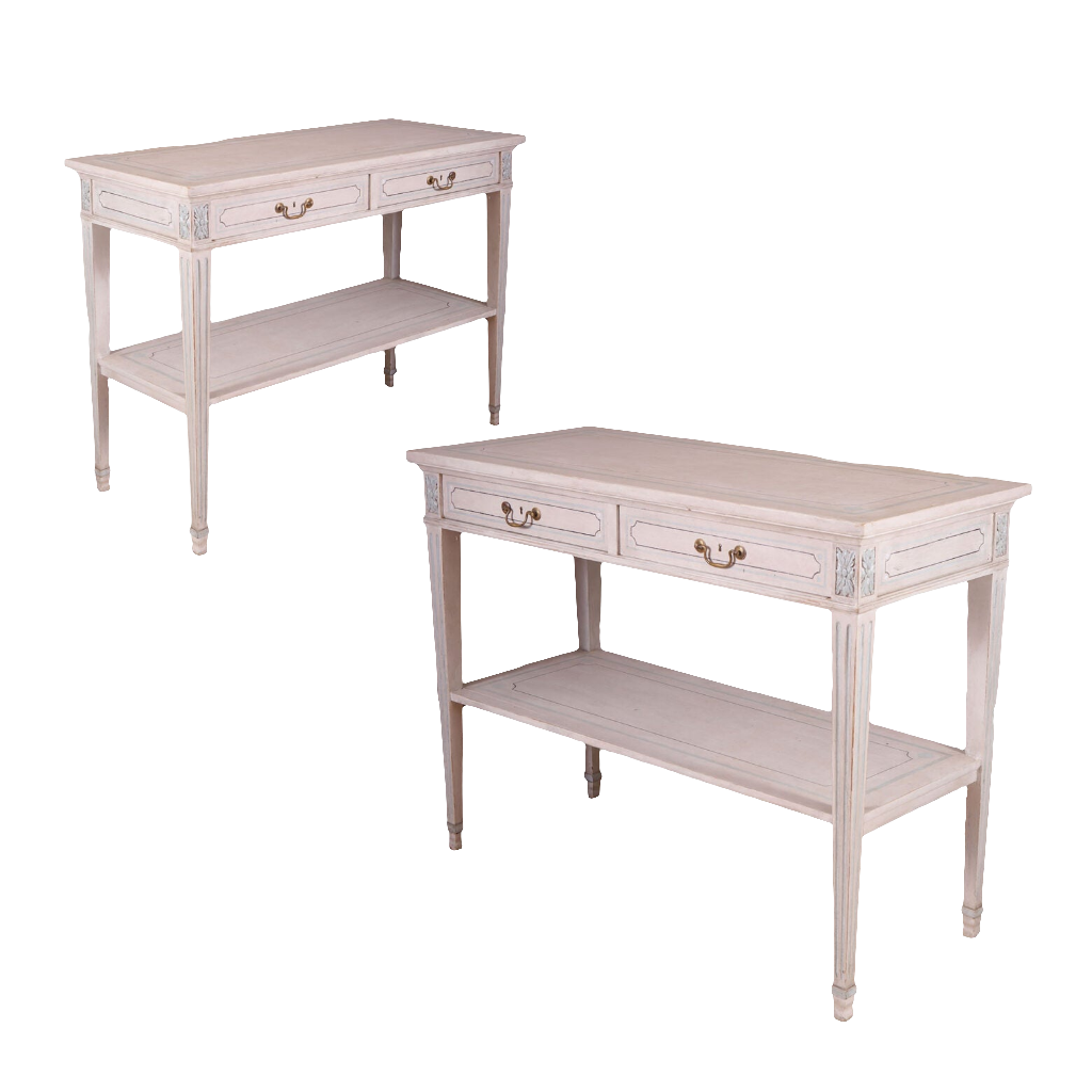 Pair of White Painted Side Tables with twin drawers, brass handles, and lower shelf, vintage French design circa 1900.