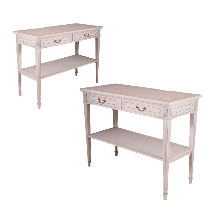 Pair of White Painted Side Tables with twin drawers, brass handles, and lower shelf, vintage French design circa 1900.