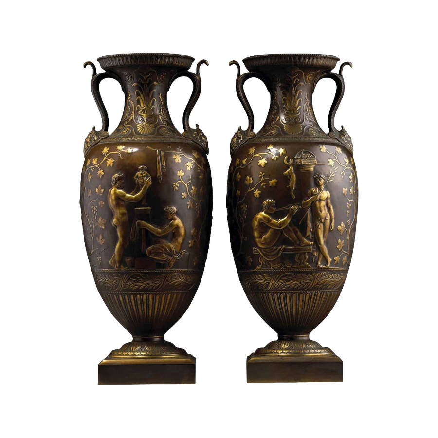 Pair of 19th-century bronze and gilt classical vases with Greek male figures, offered by Nicholas Wells Antiques.
