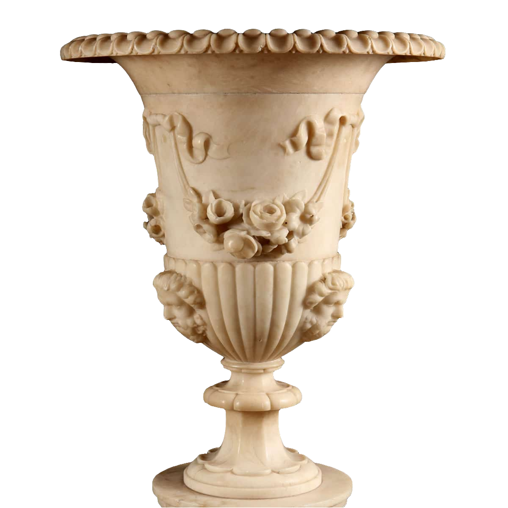 Carved 19th-century Italian alabaster vase with floral and classical mask motifs by Collection CK20