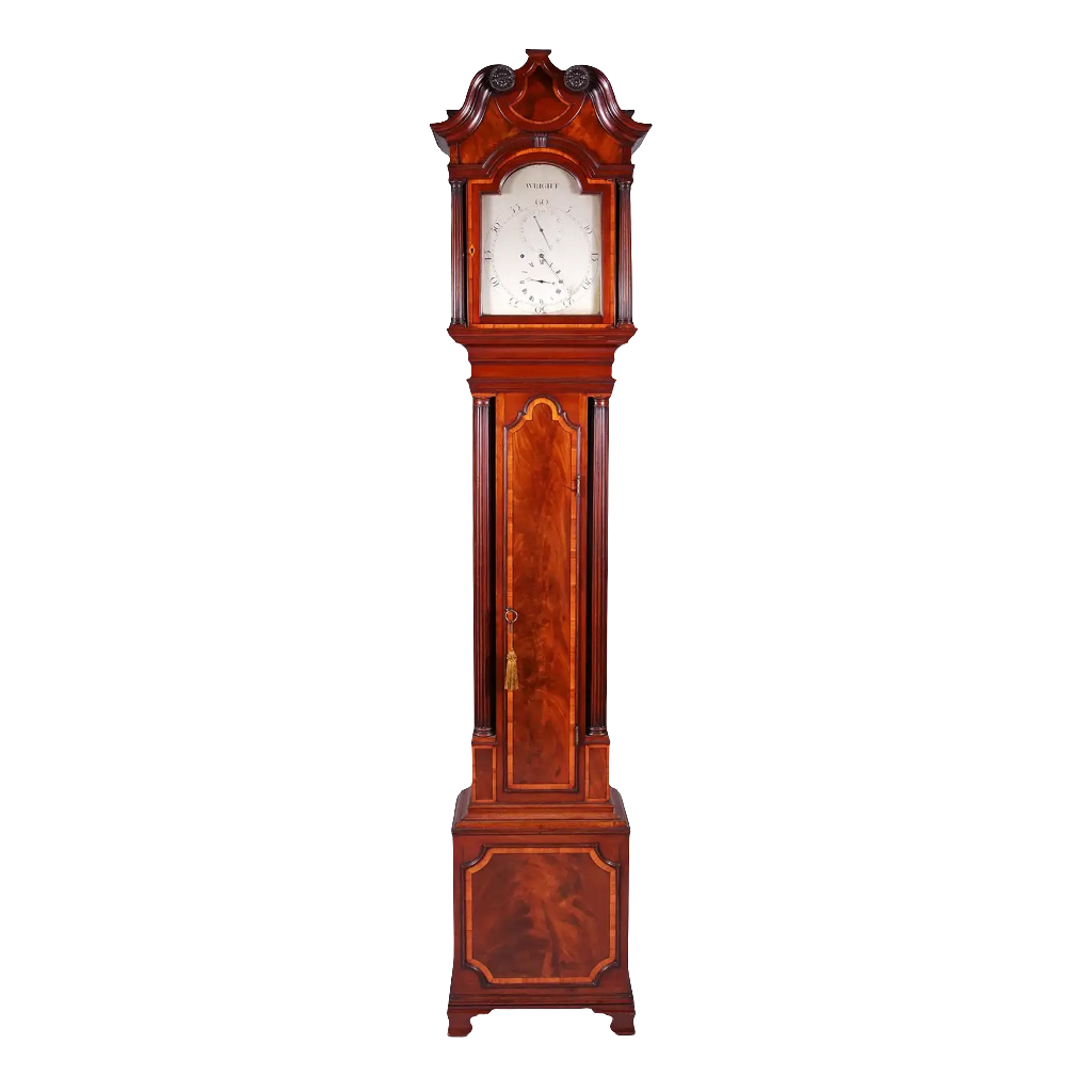 George III mahogany longcase clock by Thomas Wright, circa 1785, offered by Nicholas Wells Antiques