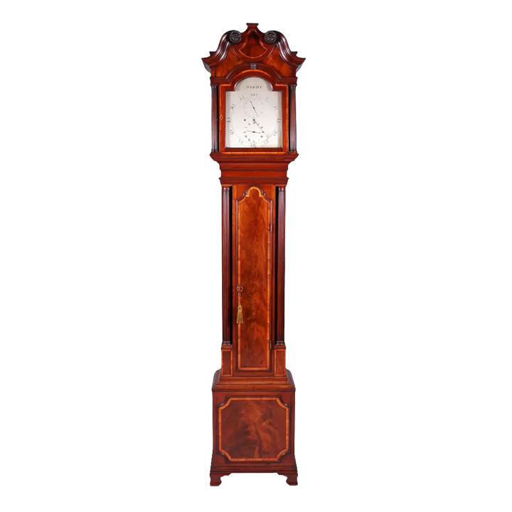 George III mahogany longcase clock by Thomas Wright, circa 1785, offered by Nicholas Wells Antiques