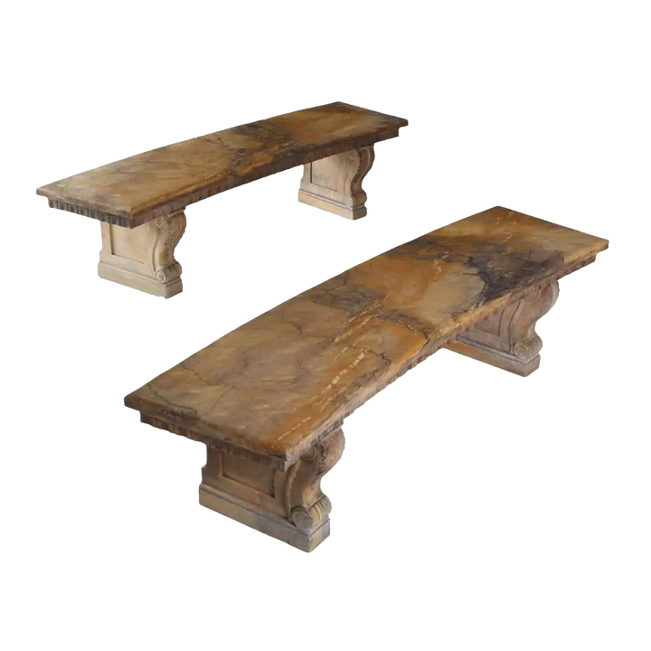Pair of Curved Solid Siena Marble Benches with ornate supports, antique Italian design, circa 1900, from Steinway Pianos New York.