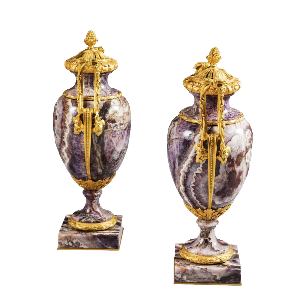 Pair of 19th-century Siberian amethyst urns with gilt bronze mounts from Collection CK20, elegant Napoleon III design