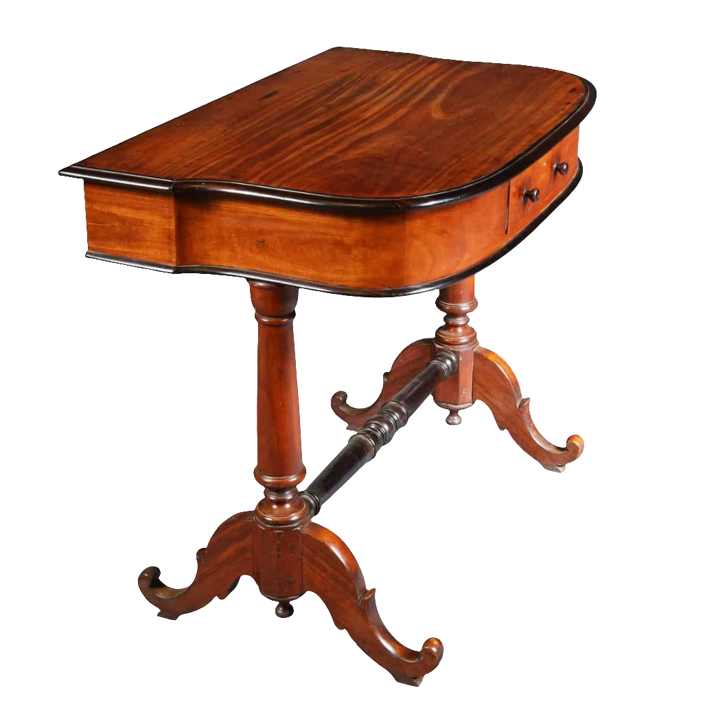 Indo Dutch Solid Satinwood and ebony side table with shaped top, ebony mouldings, turned supports, and stretcher circa 1850.