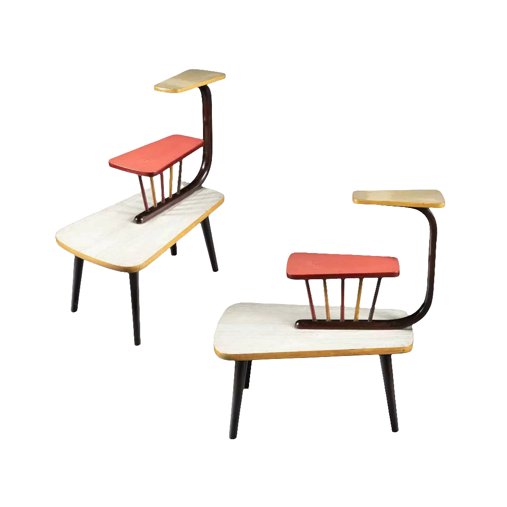 Pair of mid century three tier end tables in bent wood with polychrome Formica tiers and turned tapering legs