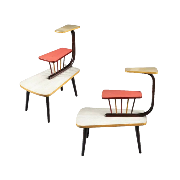 Pair of mid century three tier end tables in bent wood with polychrome Formica tiers and turned tapering legs