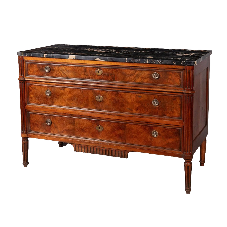 A French provincial Louis XVI commode with burr walnut veneer, Nero Portoro marble top, and three drawers stamped COURTE.