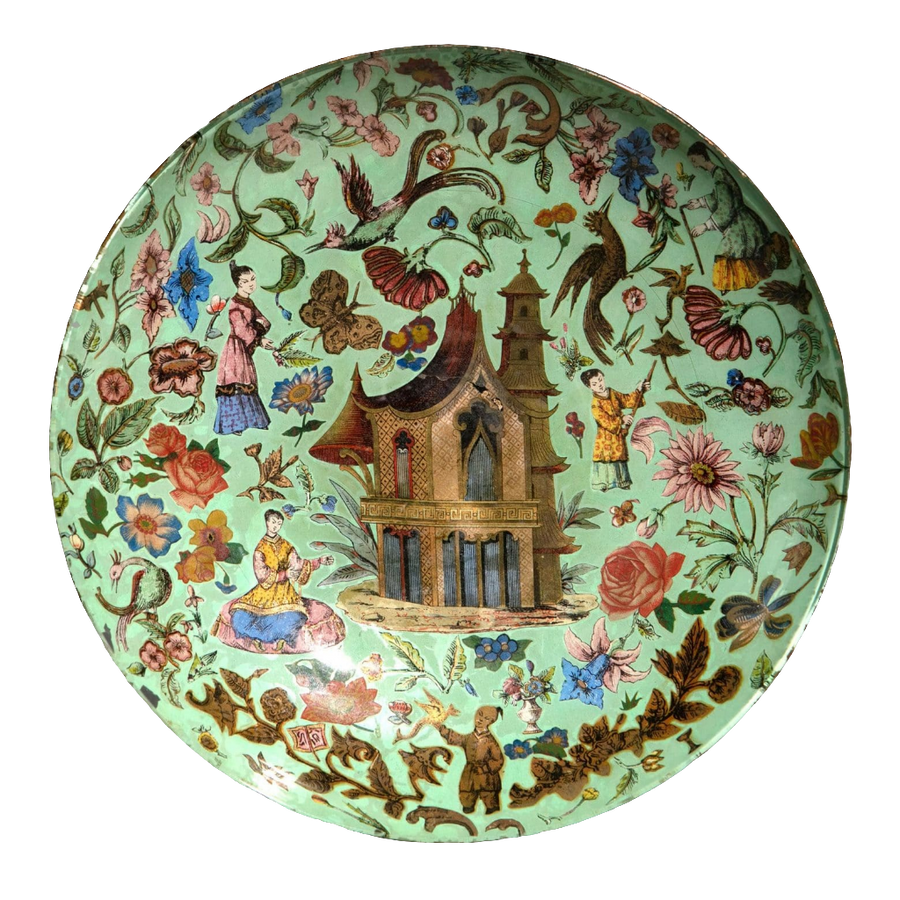 19th-century green chinoiserie decalcomania glass dish with pagoda and floral motifs by Nicholas Wells Antiques