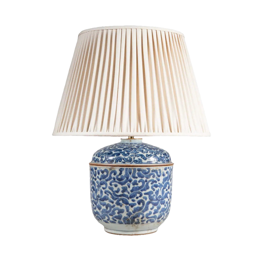 Kangxi Blue and White Porcelain Cachepot Table lamp with hand-painted cobalt floral design and pleated cream lampshade.