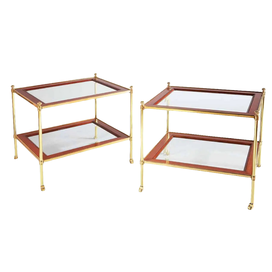 Pair of Mallett End Tables with hand-bevelled glass tops, mahogany borders, and polished brass legs and sides.
