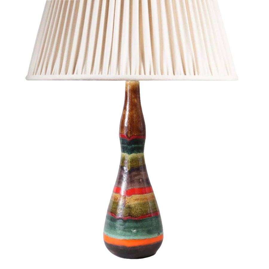 Guido Gambone Italian vase as a Table Lamp with polychrome glazed ceramic base and pleated fabric shade circa 1950.