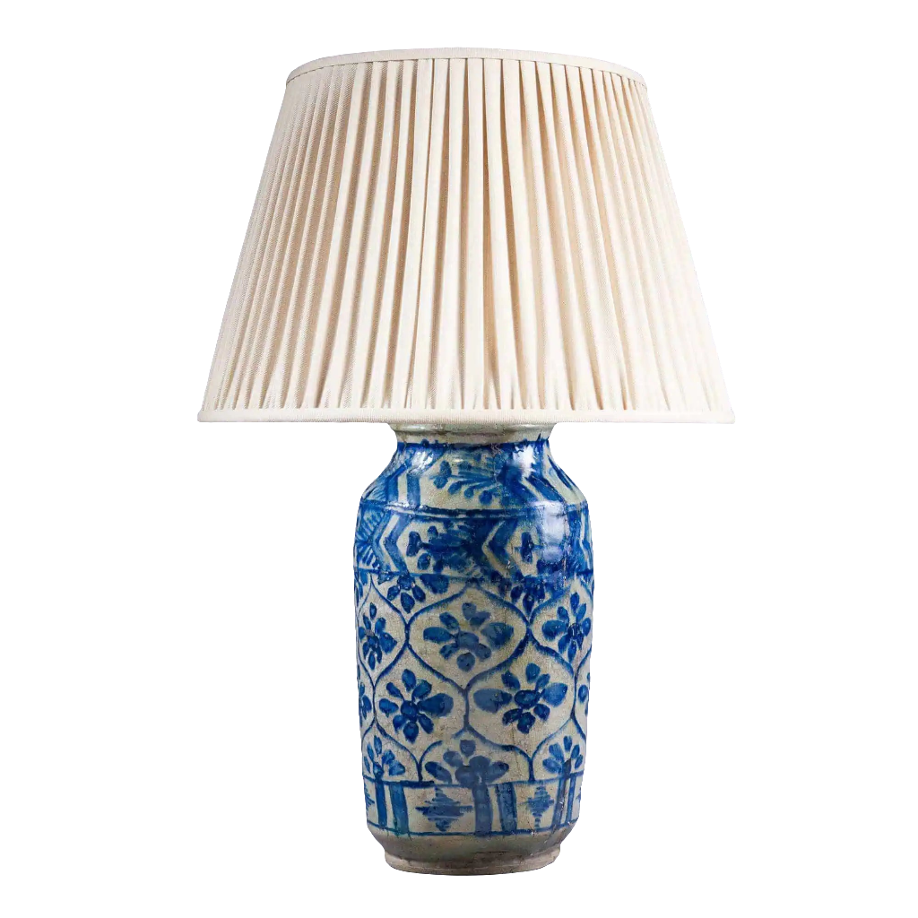 Qajar pottery Vase mounted as a Lamp with blue floral geometric patterns on a glazed biscuit base circa 1850.