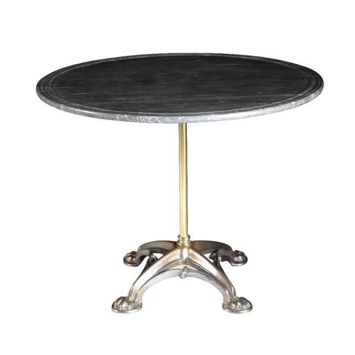 French Polished Steel & Brass Gothic Revolving Centre Table with revolving black Gris St Anne marble top and ornate base.