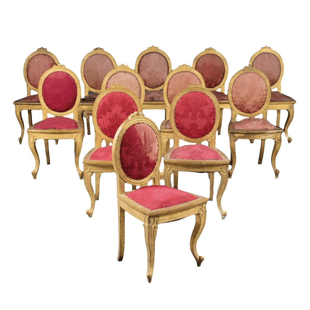 Set of 12 Anglo Indian side chairs with giltwood frames and red damask upholstery by Collection EE30