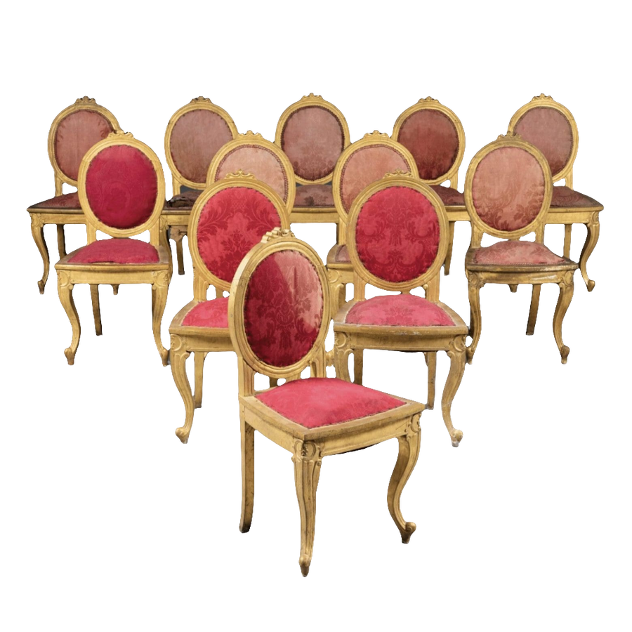 Set of 12 Anglo Indian side chairs with giltwood frames and red damask upholstery by Collection EE30