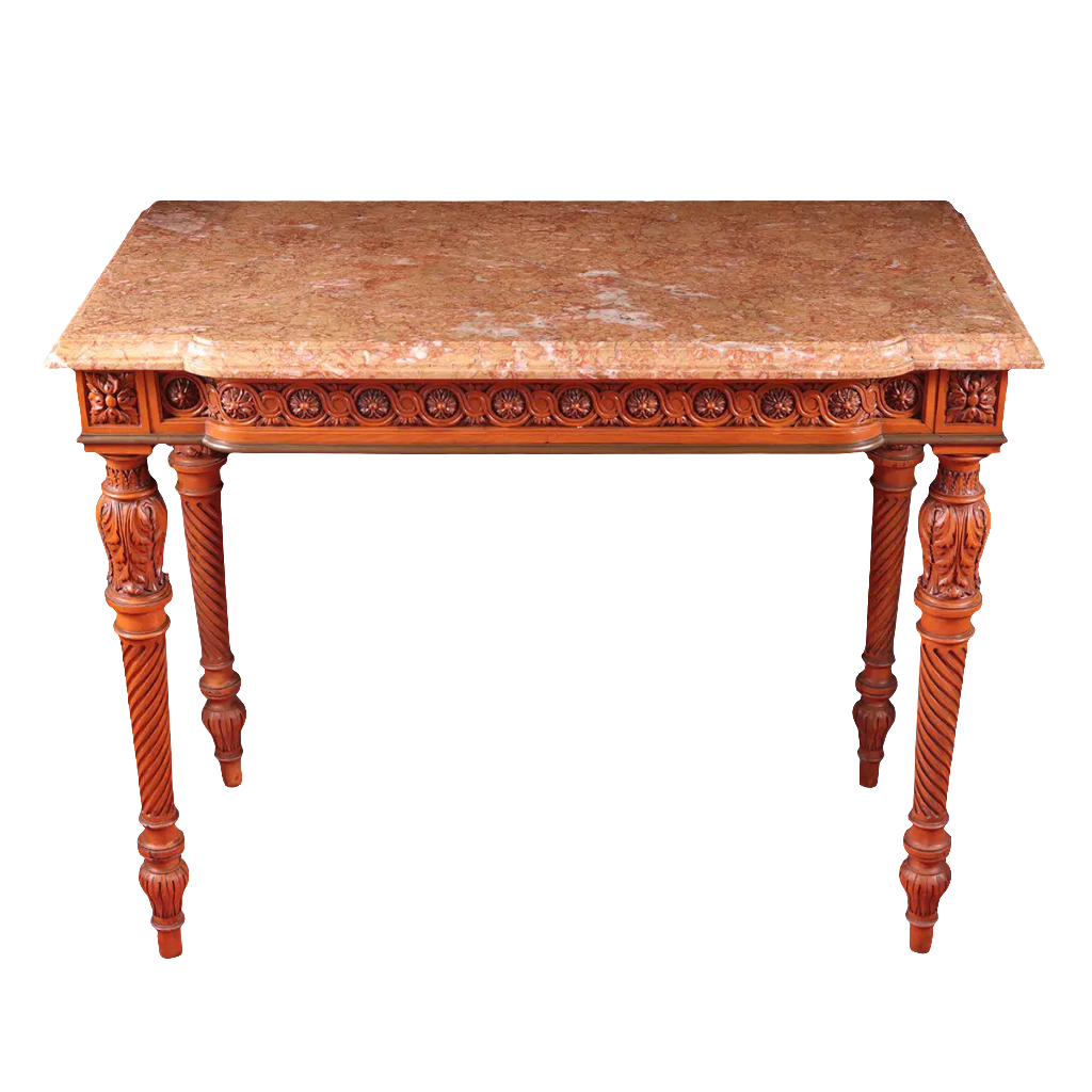 Georges Jacob Satinwood Side Table with breccia marble top, carved neoclassical design, fluted legs with acanthus leaves.