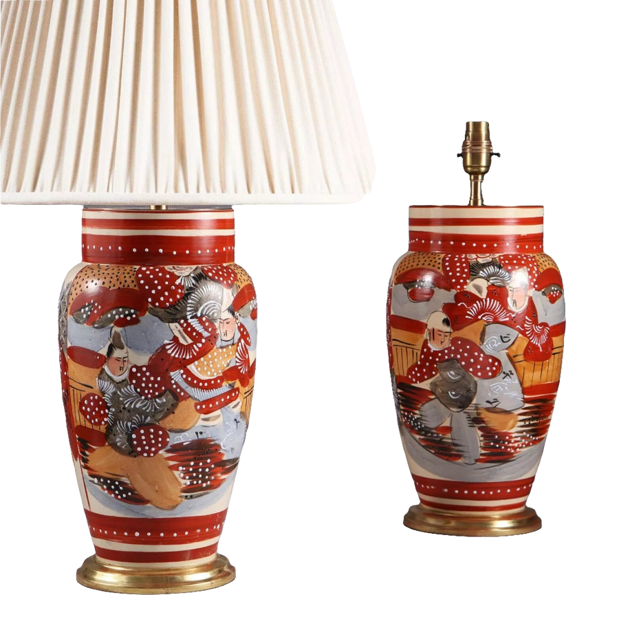Decorative pair of Japanese 20th Century Vases Mounted as Table Lamps with traditional painted designs circa 1930