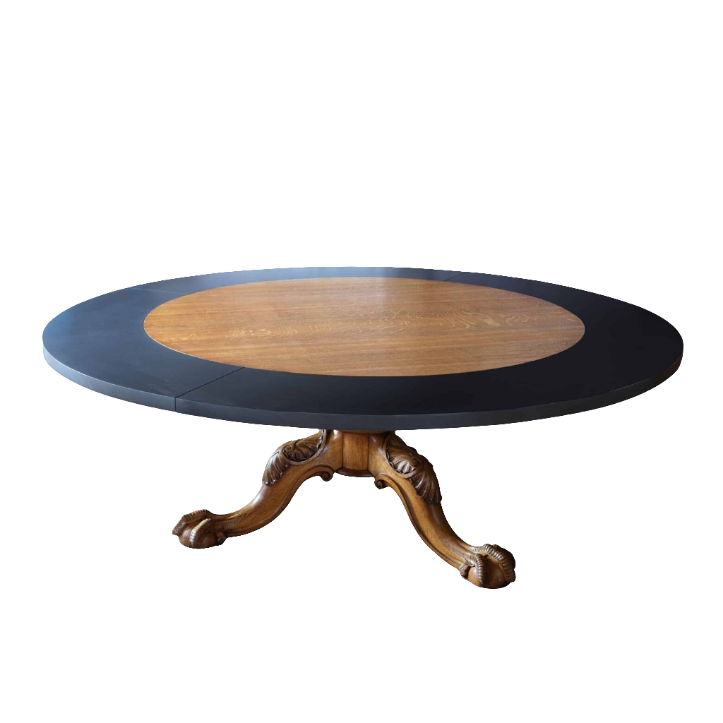 Gillows Extending Quarter Sawn Oak Circular Dining Table with Corian leaves and carved ball and claw feet circa 1845.