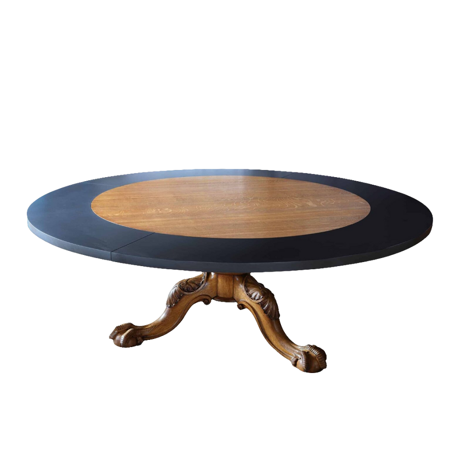 Gillows Extending Quarter Sawn Oak Circular Dining Table with Corian leaves and carved ball and claw feet circa 1845.