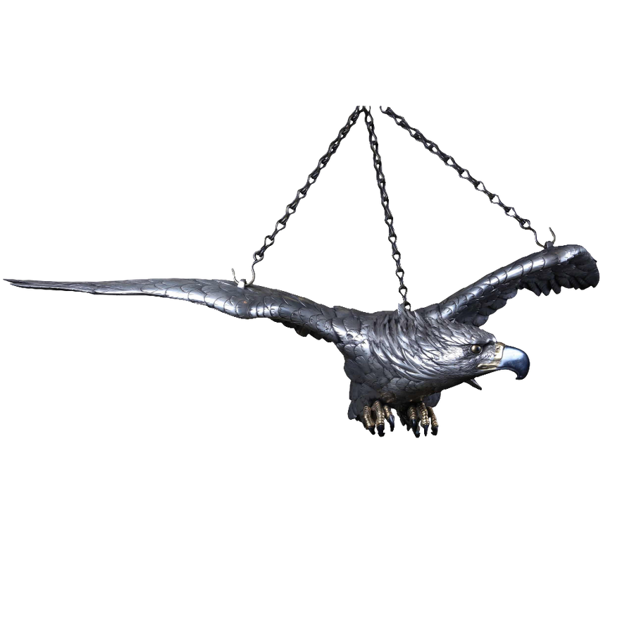 19th century Meiji period silvered bronze eagle sculpture with 110cm wingspan suspended by chains from Nicholas Wells Antiques
