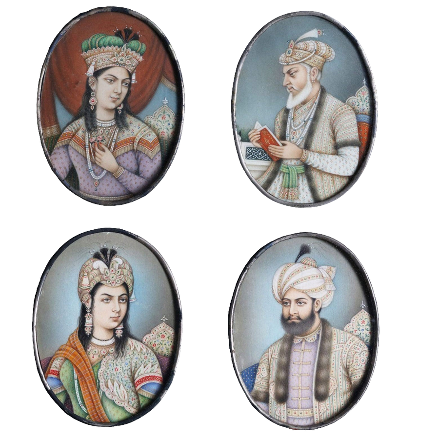 Four framed Indian portrait miniatures of Mughal rulers and consorts by Nicholas Wells Antiques, 19th century India.